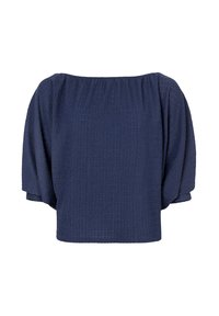 Marineblauwe, textuur-achtige off-shoulder blouse met pofmouwen en een losse pasvorm. Heeft een subtiel kreukpatroon overal.