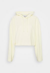 Sudadera amarilla recortada con mangas largas, detalle de cordón en la capucha y una textura suave y lisa. Sin patrones ni acentos visibles.