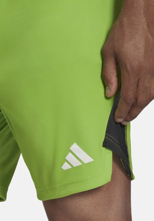 Groene sportshorts van lichtgewicht stof, met een zwarte binnenkant, witte branding en een zijkantrits voor verstelbare pasvorm.