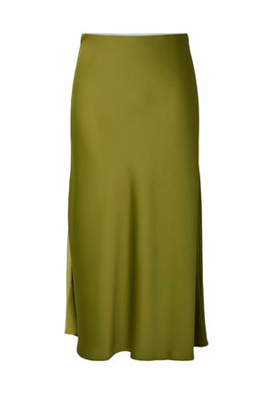 Olivengrøn nederdel lavet af glat stof, med en mid-længde design, sidelommer og en rundet kant. Ingen synligt hardware eller mønstre.
