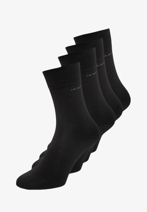 Schwarze Baumwollsocken, fünf Paar ausgestellt. Merkmale sind eine glatte Textur, verstärkte Bündchen und ein Design in mittlerer Länge bis zur Wade.