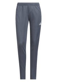 Graue Trainingshose aus leichtem, glattem Material. Sie verfügt über einen elastischen Bund und ein kleines weißes Logo am linken Oberschenkel.