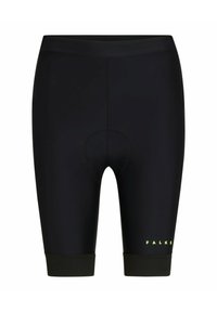 Pantaloni ciclismo neri realizzati in tessuto elastico. Presentano un'area inguinale imbottita e una cintura elastica con logo FALKE in verde neon.