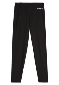 Leggings neri realizzati in tessuto elasticizzato, con una superficie liscia e una vita elasticizzata. Presentano il logo "FREDDY" in lettering metallico.