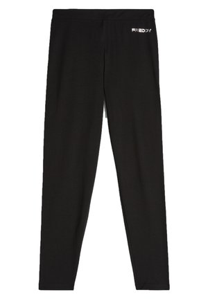 Leggings neri realizzati in tessuto elasticizzato, con una superficie liscia e una vita elasticizzata. Presentano il logo "FREDDY" in lettering metallico.