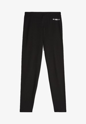Leggings neri realizzati in tessuto elasticizzato, con una superficie liscia e una vita elasticizzata. Presentano il logo "FREDDY" in lettering metallico.