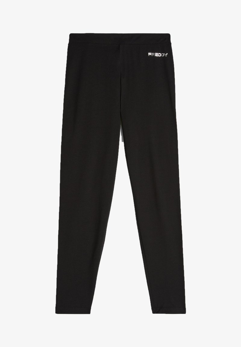 Leggings neri realizzati in tessuto elasticizzato, con una superficie liscia e una vita elasticizzata. Presentano il logo "FREDDY" in lettering metallico.