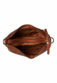 Borsa a tracolla in pelle marrone con esterno liscio, chiusura con zip e foderatura in tessuto con un motivo delicato. L'interno include una tasca con zip e scomparti.