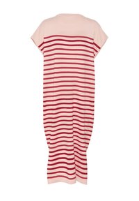 Abito a righe in rosa pallido e rosso, caratterizzato da maniche corte, una vestibilità ampia e un design al ginocchio con scollatura arrotondata e texture liscia.