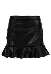 Mini gonna in pelle nera con orlo a balze, texture liscia e due tasche frontali, progettata con una silhouette aderente.