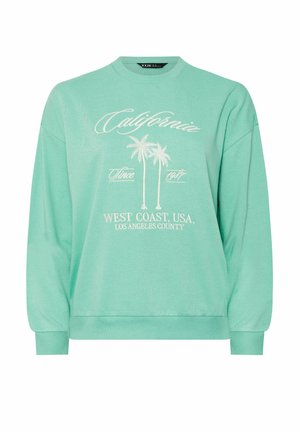 Vaaleanvihreä collegepaita, jossa valkoinen painatus, jossa kaksi palmupuu-kuviota ja teksti "California Since 1987 West Coast, USA Los Angeles County"