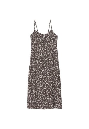 Robe midi marron sans manches avec un motif floral blanc et des bretelles fines réglables.