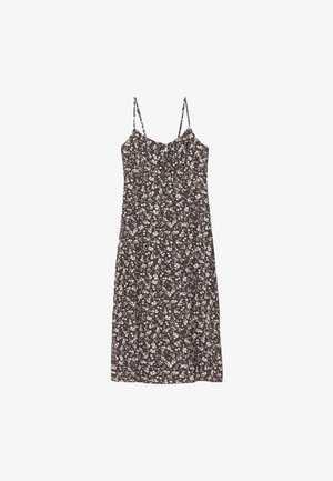 Brązowa sukienka midi bez rękawów z białym kwiatowym wzorem i cienkimi regulowanymi ramiączkami.