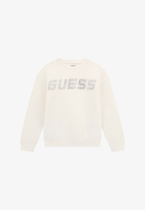 Felpa crema con scollatura rotonda e maniche lunghe. Presenta un evidente logo "GUESS" in argento sul davanti. Tessuto morbido.