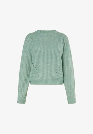 Light green knitted sweater with long sleeves, ribbed texture, round neckline, and small holes for ventilation. Cropped length.
