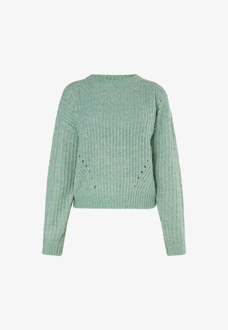 Pulover tricotat de culoare verde deschis, cu mâneci lungi, textură rib pliată, gât rotund și mici orificii pentru ventilație. Lungime scurtă.