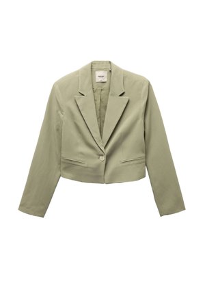 Blazer verde tagliato realizzato in un tessuto liscio. Presenta un colletto a punte, chiusura con un bottone e due tasche frontali.