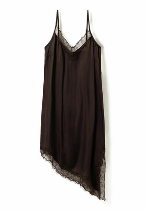 Schwarzes Satinkleid mit Spitzenbesatz, dünnen Trägern, V-Ausschnitt und asymmetrischem Saum.