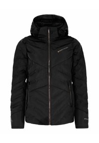 Zwarte pufferjack met een ritssluiting aan de voorkant, capuchon en diagonale naadontwerp. Beschikt over twee zijzakken en een subtiele merklogo op de borst.