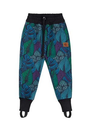 Spodnie dresowe dla dzieci z elastycznym pasem, czarne ściągacze z paskami na stopy, z motywem tropikalnych liści w kolorach niebieskim, zielonym i fioletowym.