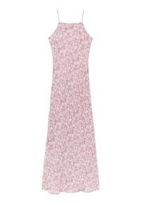 Maxiklänning med justerbara spaghetti-remmar, utsmyckad med ett rosa blommönster på lätt tyg. Slät textur, A-linjeform.