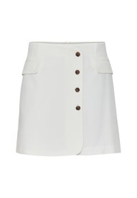 Jupe blanche en tissu lisse, dotée d'une fermeture à boutons sur le côté avec des boutons marron, de deux poches latérales et d'une coupe droite.