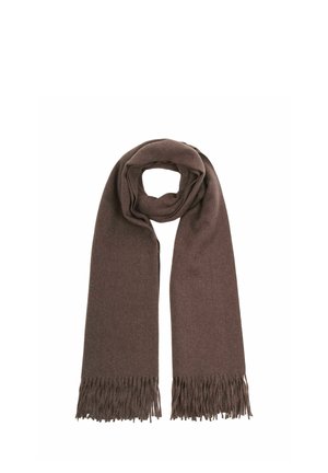 Brown wool scarf folded in a loop with long fringes on both ends, displayed on a white background.