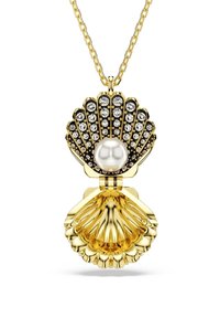 Goldener, muschelförmiger Anhänger-Halskette mit einer Perlenmitte, umgeben von Kristallakzenten auf einer strukturierten Oberfläche und verlinkter Kette.