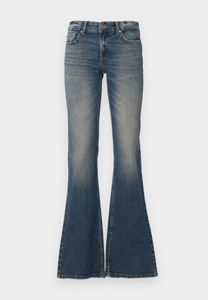 Flared blue jeans made of denim, featuring a button closure, five-pocket design, and a faded finish with a wide leg opening.