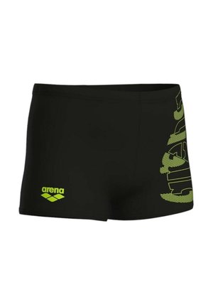Costume da bagno nero con taglio quadrato, logo verde "arena" sulla gamba sinistra e grande grafica verde sul lato destro.