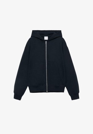 Sweat à capuche zippé noir avec poches avant et poignets côtelés, présenté sur un fond blanc.