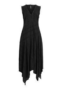 Vestido negro sin mangas con escote en V, bordes ondulados y dobladillo asimétrico. Presenta patrones de flores bordados y un zipper oculto en la parte posterior.