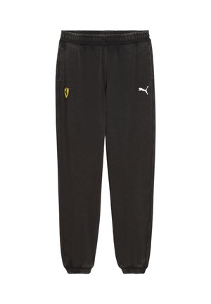 Pantalons de survêtement noirs avec une taille élastique. Présente un petit logo Ferrari jaune sur la gauche et un logo Puma blanc sur la droite.