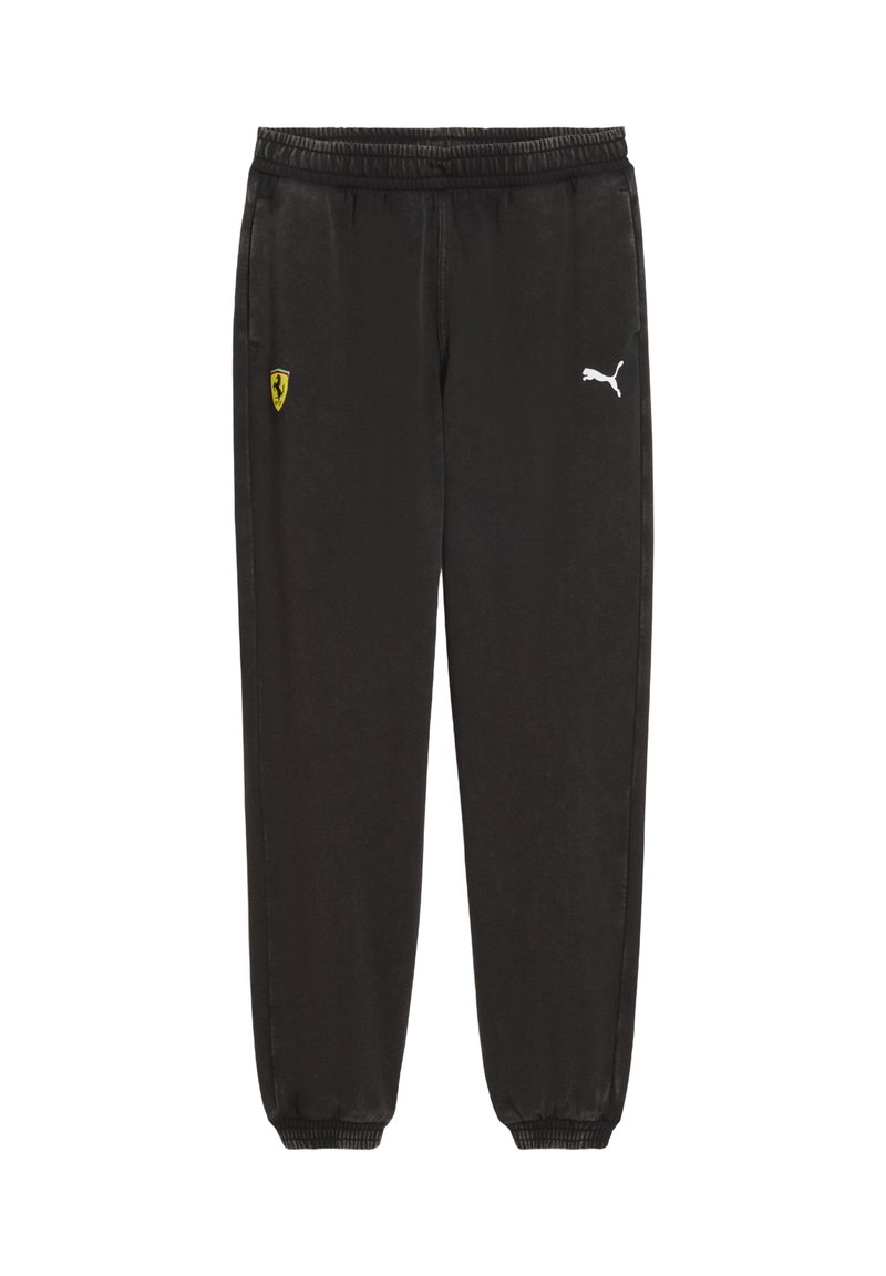 Melnas sporta bikses ar elastīgu jostu. Uz kreisās puses ir neliels dzeltenais Ferrari logo, bet uz labās puses - baltais Puma logo.