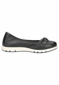 Ballet flat in pelle nera con design frontale attorcigliato, suola bianca imbottita e superficie testurizzata per una maggiore aderenza. Presenta un profilo basso e una punta arrotondata.