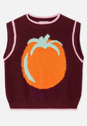 Top senza maniche lavorato a maglia in borgogna scuro con un grande disegno di zucca arancione. Presenta un bordo rosa a contrasto intorno allo scollo e alle aperture delle braccia.