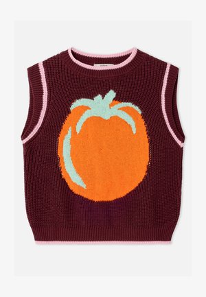 Sötét bordó kötött ujjatlan felső nagy narancssárga tök mintával. Kontrasztos rózsaszín szegéllyel a nyakkivágás és a karnyílások körül.