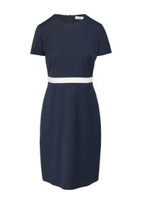 Vestito blu navy a maniche corte con superficie strutturata e fascia bianca decorativa in vita. Dotato di chiusura con zip sul retro.