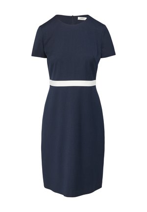 Lühikeste varrukatega tumesinine kleit tekstuurse pinnaga ja valge rõhkribaga vöökoha juures. Tagaküljel on lukk.