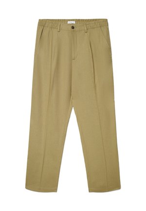 Pantalon décontracté beige pour homme avec taille élastique, fermeture par bouton, poches latérales et coupe droite.