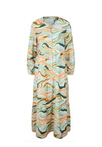 Langärmliges, knopfseitiges Kleid aus einem leichten, fließenden Stoff. Es verfügt über ein mehrfarbiges, wellenförmiges Camouflage-Muster in Grün, Orange und Beige.