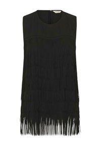 Črna brezrokavnica z teksturiranim franžastim detajlom ob robu, okroglim izrezom in diskretnim zadrgo na hrbtni strani.
