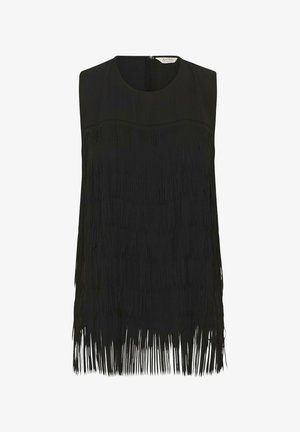 Melnas bez piedurknēm topiņš ar teksturētu pušķu detaļu ap apakšmalu, noapaļota kakla izgriezuma un diskretu aizmugurējo rāvējslēdzēju.