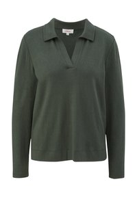 Donkergroen shirt met lange mouwen, open kraag en losse pasvorm, gemaakt van zachte stof.