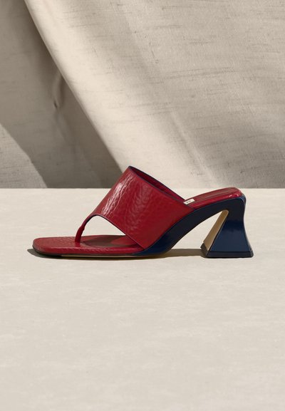 Κόκκινο δερμάτινο σανδάλι mule με ανοιχτά δάχτυλα και λουράκι δακτύλου, με χοντρό μαύρο φαρδύ τακούνι σε ουδέτερο φόντο.