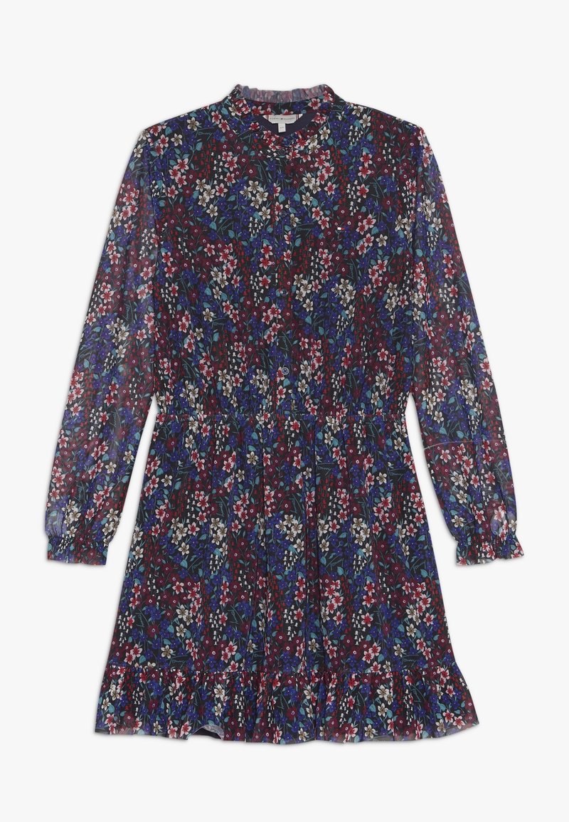 Robe imprimée florale à manches longues, col rond et ourlet volanté. Présente un fond sombre avec des fleurs multicolores et une taille élastique.