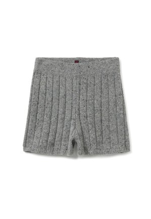 Pantalones cortos de punto gris con una textura acanalada, que presentan una cinturilla elástica ancha y un diseño de pierna corta. Adecuados para un uso casual.