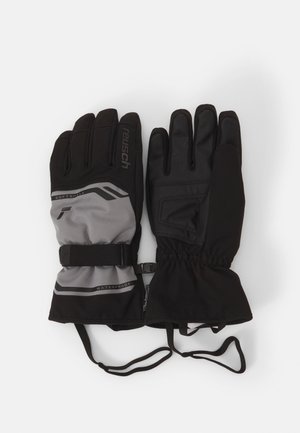 Black waterproof gloves with gray softshell fabric, elastic wrist with adjustable strap, and textured grip on palms and fingers.