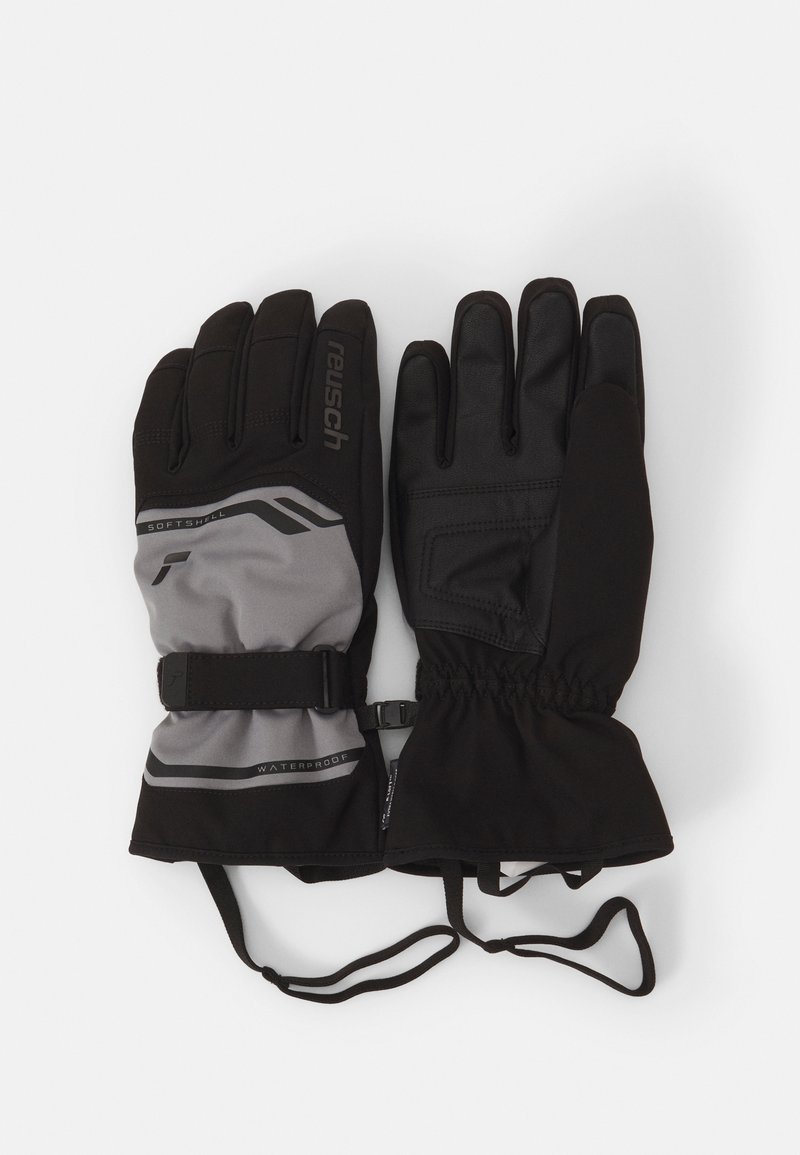 Zwarte waterdichte handschoenen met grijs softshell-stof, elastische pols met verstelbare riem en een gestructureerde grip op de handpalmen en vingers.