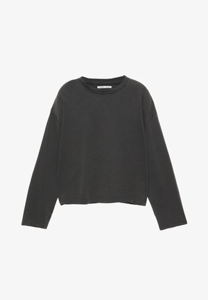 Schwarz geschnittenes Langarm-T-Shirt aus weichem Baumwollmaterial. Verfügt über einen runden Halsausschnitt und sichtbare Nähte entlang der Nähte.